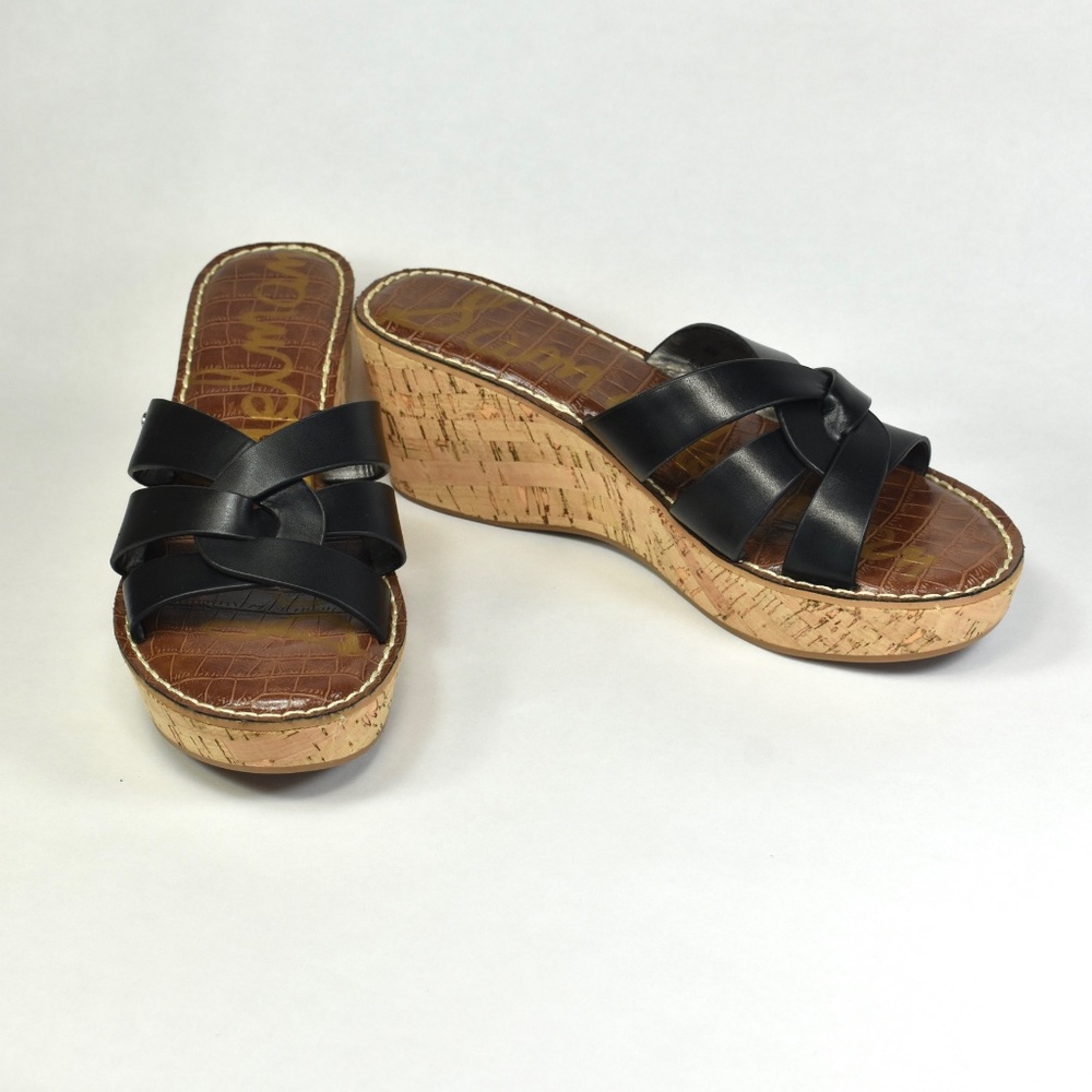 SAM EDELMAN RAYNERE BLACK LEATHER CORK WEDGE SANDALS SIZE 9.5 US, 39.5 EU